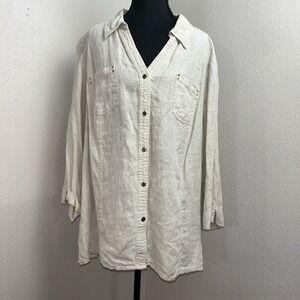 JM Collection Button Up Shirt Women's 20W Tan Linen 3/4 Sleeve V Neck Nautical